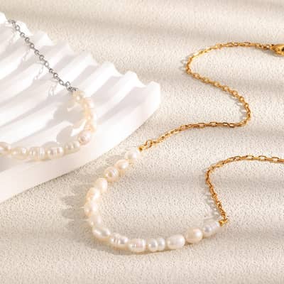Natural Freshwater Pearl Necklace, Stainless Steel 18K Gold Waterproof Chain detail 3