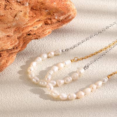Natural Freshwater Pearl Necklace, Stainless Steel 18K Gold Waterproof Chain detail 5