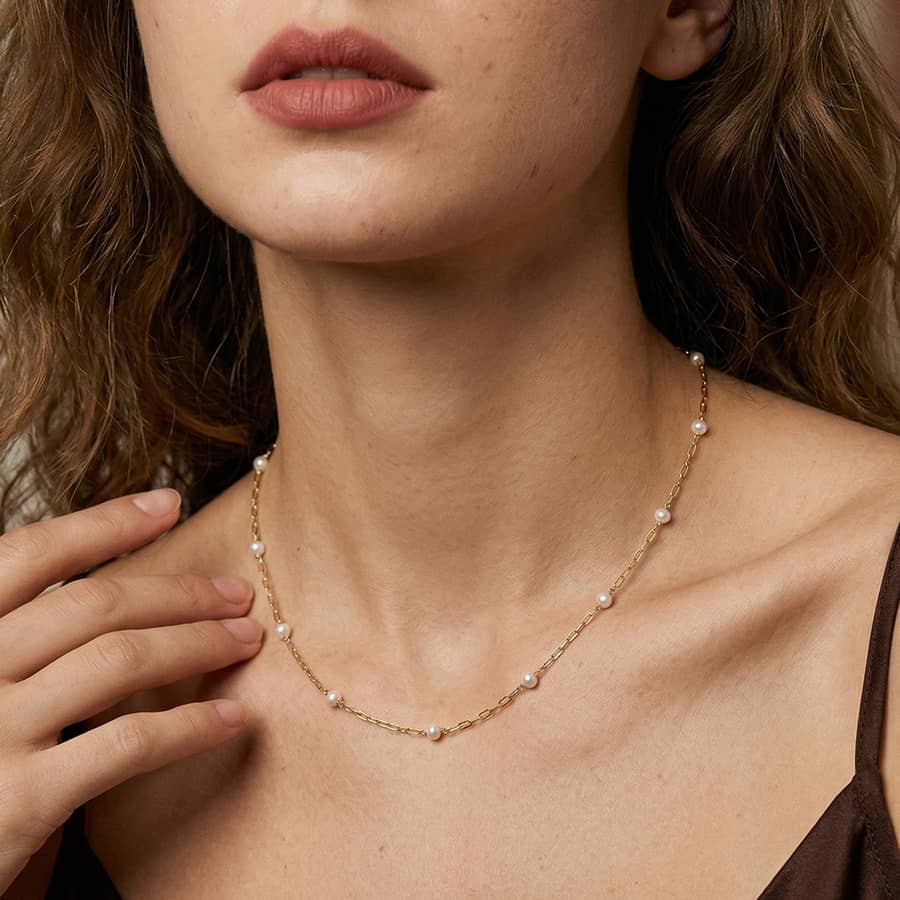 Adjustable Station Necklace with Natural Freshwater Pearl, 925 Sterling Silver, 3.5-4mm - main