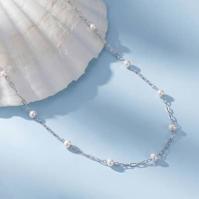 Adjustable Station Necklace with Natural Freshwater Pearl, 925 Sterling Silver, 3.5-4mm detail 2