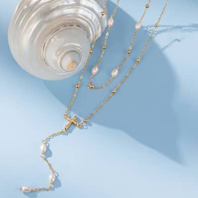 Multi-layer Cross Lariat Necklace with Cultured Freshwater Pearl, 925 Sterling Silver detail 3