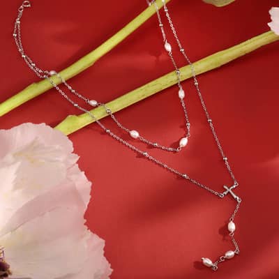 Multi-layer Cross Lariat Necklace with Cultured Freshwater Pearl, 925 Sterling Silver detail 4