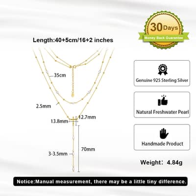 Multi-layer Cross Lariat Necklace with Cultured Freshwater Pearl, 925 Sterling Silver detail 5