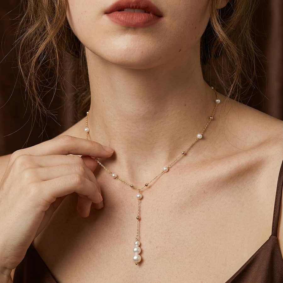 Dainty Adjustable Y Drop Lariat Necklace with Natural Freshwater Pearl, 925 Sterling Silver - main