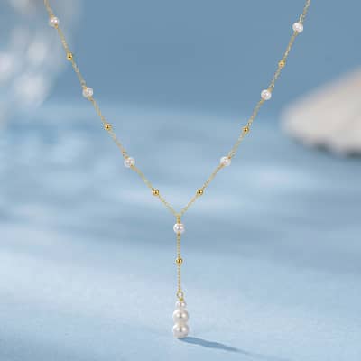 Dainty Adjustable Y Drop Lariat Necklace with Natural Freshwater Pearl, 925 Sterling Silver detail 2