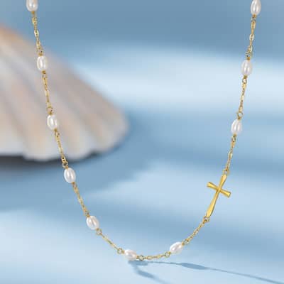 Dainty Cross Pendant Necklace with Cultured Freshwater Pearl, 925 Sterling Silver detail 1
