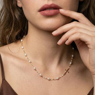 Dainty Cross Pendant Necklace with Cultured Freshwater Pearl, 925 Sterling Silver detail 2