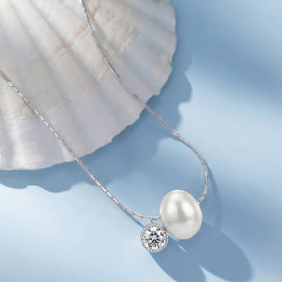 Bamboo Chain Necklace with Natural Freshwater Pearl & Cubic Zirconia Pendant, 925 Sterling Silver detail 2