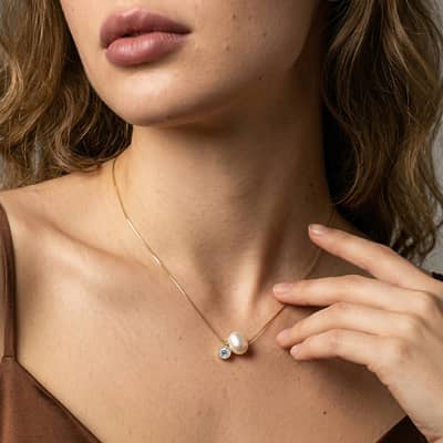 Bamboo Chain Necklace with Natural Freshwater Pearl & Cubic Zirconia Pendant, 925 Sterling Silver detail 3