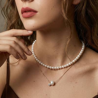 Bamboo Chain Necklace with Natural Freshwater Pearl & Cubic Zirconia Pendant, 925 Sterling Silver detail 4