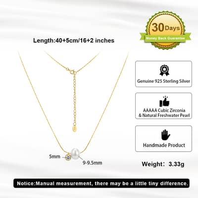 Bamboo Chain Necklace with Natural Freshwater Pearl & Cubic Zirconia Pendant, 925 Sterling Silver detail 5