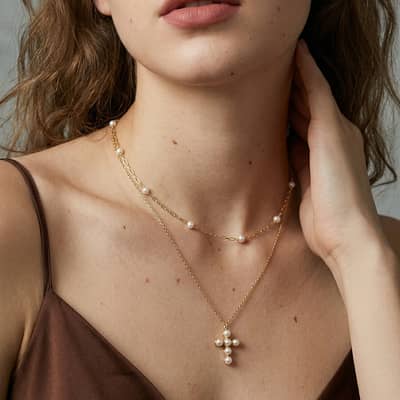 Dainty Natural Freshwater Pearl Cross Pendant Necklace, 925 Sterling Silver detail 1