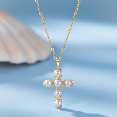 Dainty Natural Freshwater Pearl Cross Pendant Necklace, 925 Sterling Silver detail 2