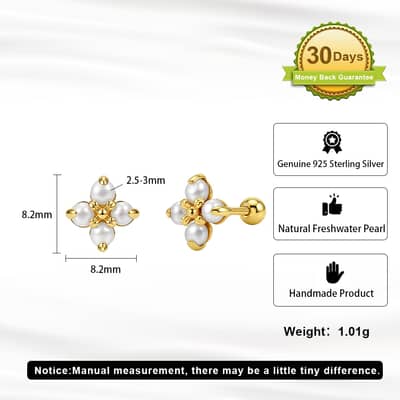 925 Sterling Silver Gold Plated Four-Leaf Clover Natural Freshwater Pearl Screw Back Stud Earrings detail 4