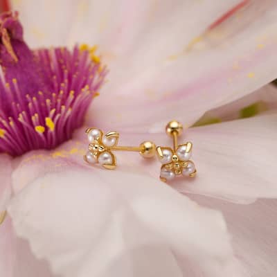 925 Sterling Silver Gold Plated Four-Leaf Clover Natural Freshwater Pearl Screw Back Stud Earrings detail 5