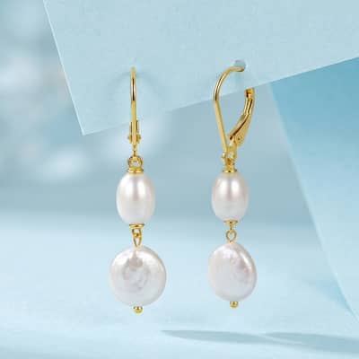 925 Sterling Silver Gold Plated Double Baroque Freshwater Pearl Drop Dangle Earrings detail 1