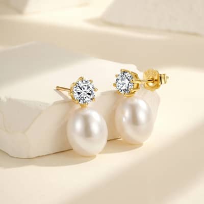 925 Sterling Silver Gold Plated Freshwater Pearl Drop Earrings with CZ Accent detail 1