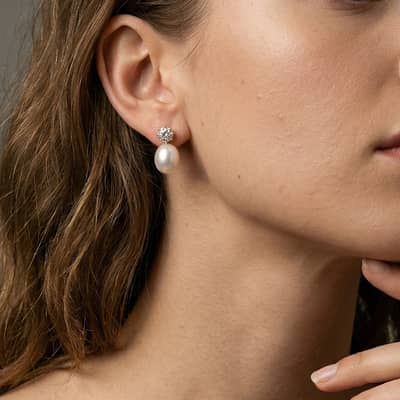925 Sterling Silver Gold Plated Freshwater Pearl Drop Earrings with CZ Accent detail 2