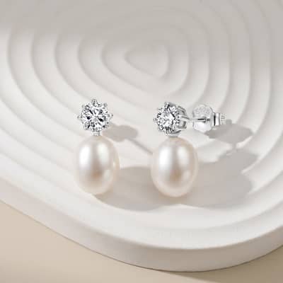 925 Sterling Silver Gold Plated Freshwater Pearl Drop Earrings with CZ Accent detail 3