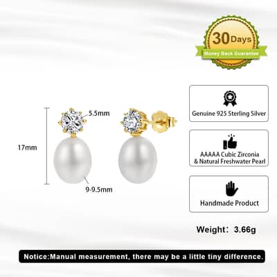 925 Sterling Silver Gold Plated Freshwater Pearl Drop Earrings with CZ Accent detail 4