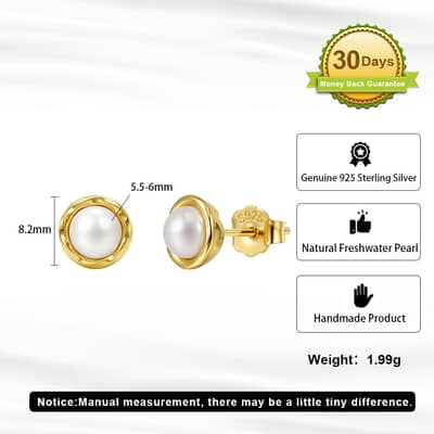 925 Sterling Silver Gold Plated Natural Freshwater Pearl Small Round Stud Earrings detail 4
