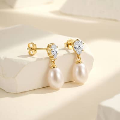 925 Sterling Silver Pear Cut Cubic Zirconia Natural Freshwater Pearl Drop Dangle Earrings detail 1