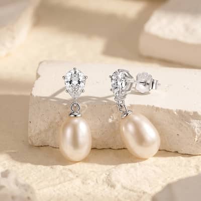 925 Sterling Silver Pear Cut Cubic Zirconia Natural Freshwater Pearl Drop Dangle Earrings detail 2