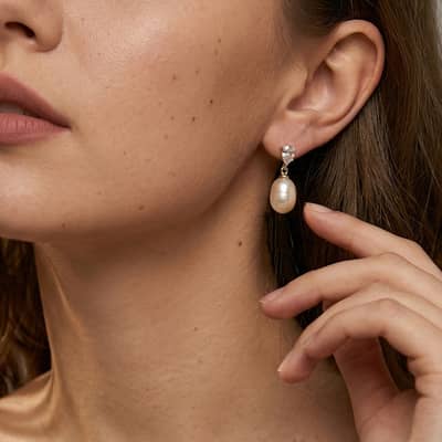 925 Sterling Silver Pear Cut Cubic Zirconia Natural Freshwater Pearl Drop Dangle Earrings detail 3