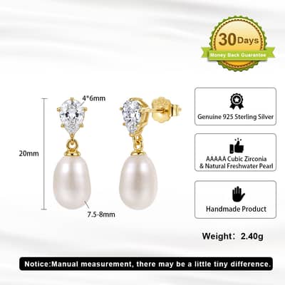 925 Sterling Silver Pear Cut Cubic Zirconia Natural Freshwater Pearl Drop Dangle Earrings detail 4