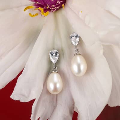 925 Sterling Silver Pear Cut Cubic Zirconia Natural Freshwater Pearl Drop Dangle Earrings detail 5