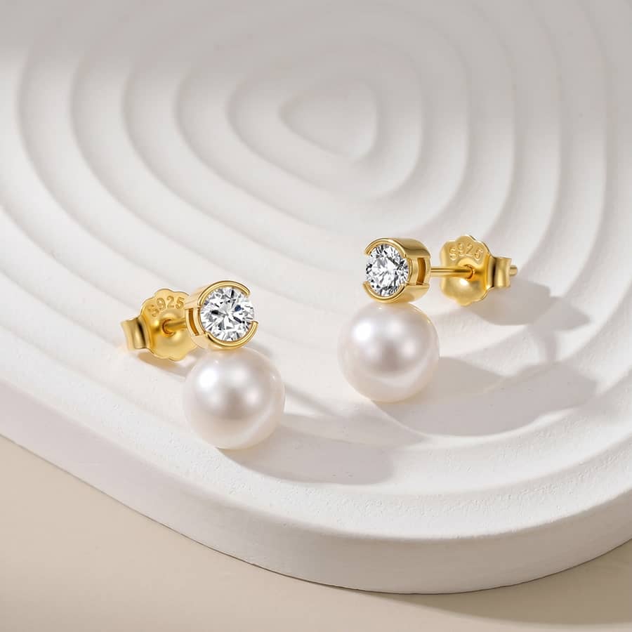 925 Sterling Silver Natural Freshwater Pearl Cubic Zirconia Stud Earrings - main