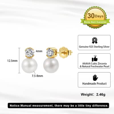 925 Sterling Silver Natural Freshwater Pearl Cubic Zirconia Stud Earrings detail 5