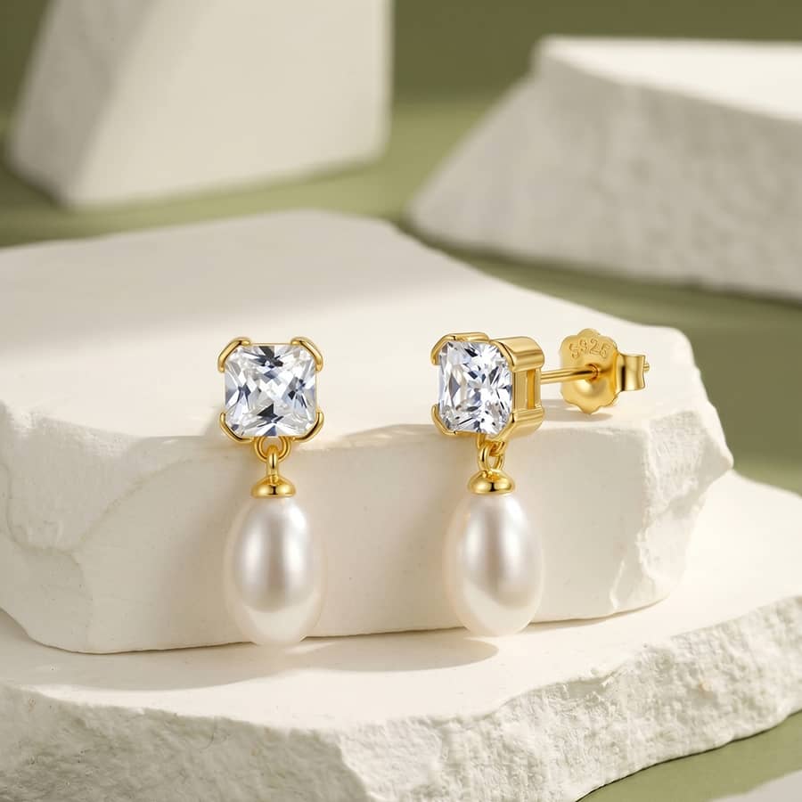 925 Sterling Silver Gold Plated Cushion Cut Cubic Zirconia Natural Freshwater Pearl Drop Earrings - main