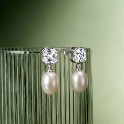 925 Sterling Silver Gold Plated Cushion Cut Cubic Zirconia Natural Freshwater Pearl Drop Earrings detail 3