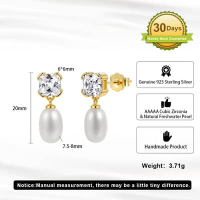 925 Sterling Silver Gold Plated Cushion Cut Cubic Zirconia Natural Freshwater Pearl Drop Earrings detail 4