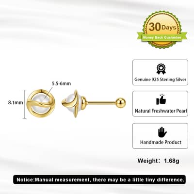 925 Sterling Silver 14K Gold Plated 5.5-6mm Natural Freshwater Pearl Screw Back Stud Earrings detail 4