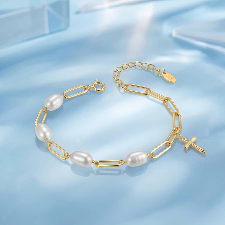925 Sterling Silver Gold Plated Paperclip Link Chain Bracelet with Freshwater Pearl Cross Charm - main