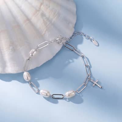 925 Sterling Silver Gold Plated Paperclip Link Chain Bracelet with Freshwater Pearl Cross Charm detail 2