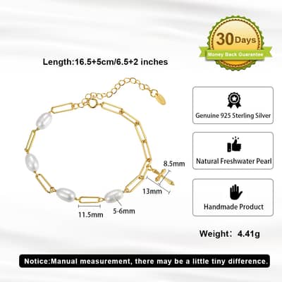 925 Sterling Silver Gold Plated Paperclip Link Chain Bracelet with Freshwater Pearl Cross Charm detail 5