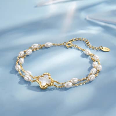925 Sterling Silver Four Leaf Clover Natural Freshwater Pearl Bracelet, Double-Layer Chain detail 1