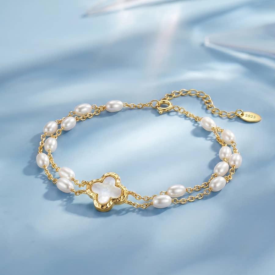 925 Sterling Silver Four Leaf Clover Natural Freshwater Pearl Bracelet, Double-Layer Chain - main