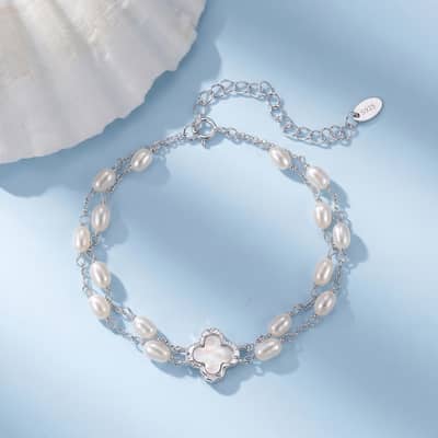 925 Sterling Silver Four Leaf Clover Natural Freshwater Pearl Bracelet, Double-Layer Chain detail 2