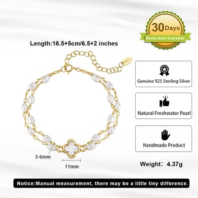 925 Sterling Silver Four Leaf Clover Natural Freshwater Pearl Bracelet, Double-Layer Chain detail 5