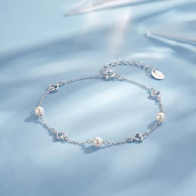 925 Sterling Silver Gold Plated Hollow Heart Natural Freshwater Pearl Dainty Bracelet detail 2