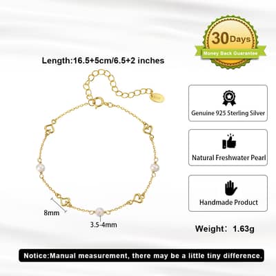 925 Sterling Silver Gold Plated Hollow Heart Natural Freshwater Pearl Dainty Bracelet detail 5