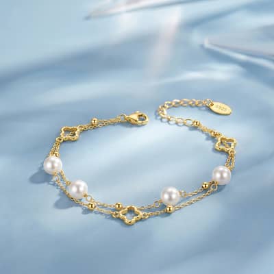 925 Sterling Silver Gold Plated Hollow Four Leaf Clover Freshwater Pearl Double Layer Chain Bracelet detail 1