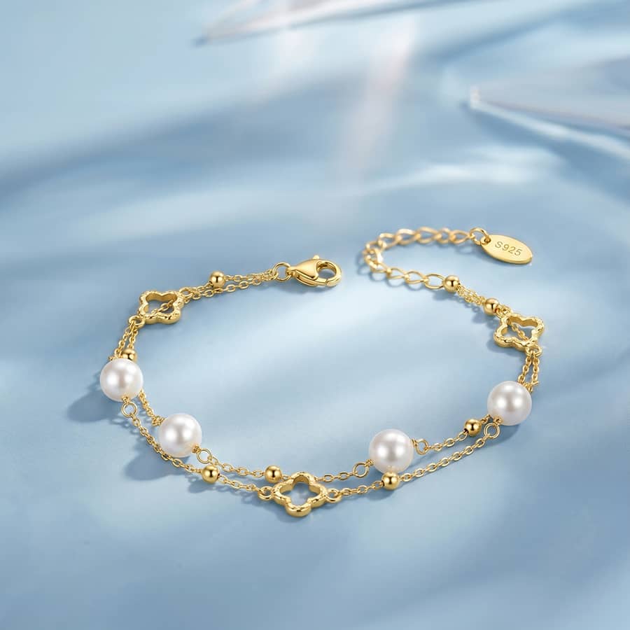 925 Sterling Silver Gold Plated Hollow Four Leaf Clover Freshwater Pearl Double Layer Chain Bracelet - main