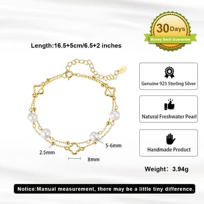 925 Sterling Silver Gold Plated Hollow Four Leaf Clover Freshwater Pearl Double Layer Chain Bracelet detail 3