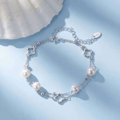 925 Sterling Silver Gold Plated Hollow Four Leaf Clover Freshwater Pearl Double Layer Chain Bracelet detail 5