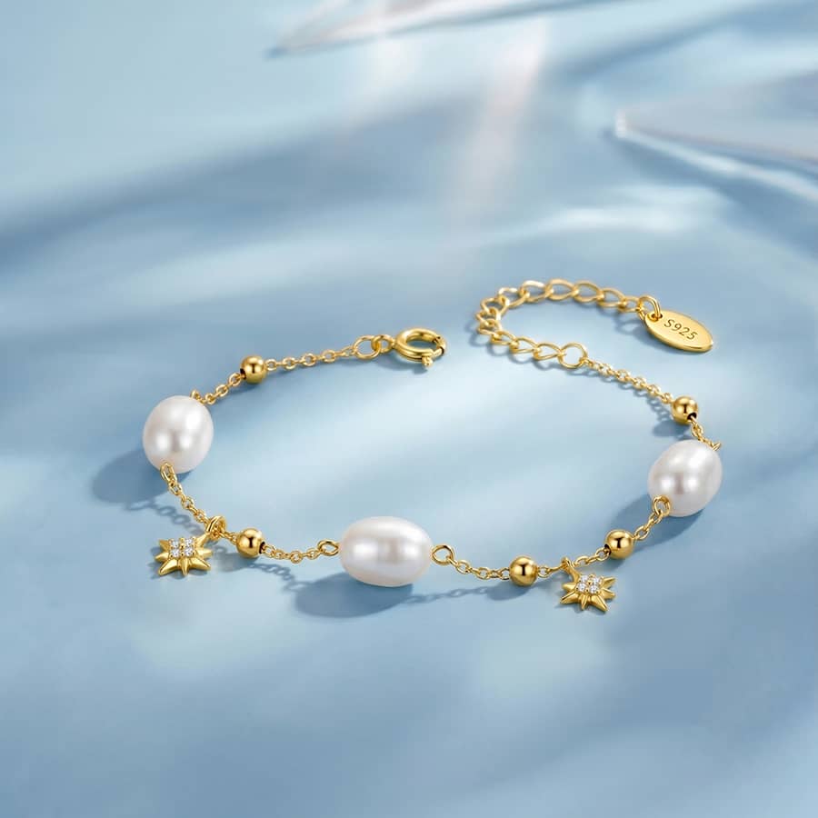 925 Sterling Silver Gold Plated Natural Freshwater Pearl Star Charm Adjustable Delicate Bracelet - main